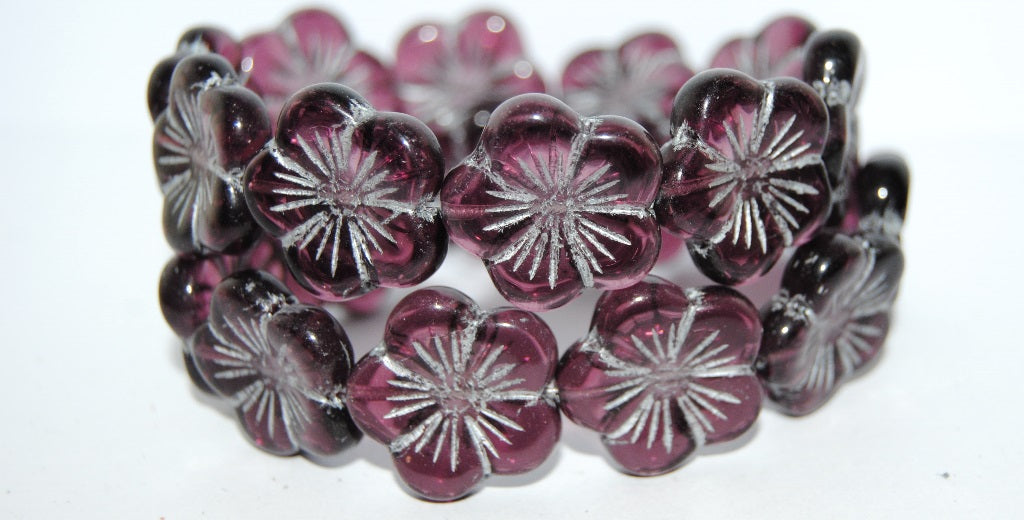 Round Flower Hibiskus Pressed Glass Beads, Transparent Amethyst 54201 (20080 54201), Glass, Czech Republic