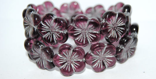 Round Flower Hibiskus Pressed Glass Beads, Transparent Amethyst 54201 (20080 54201), Glass, Czech Republic