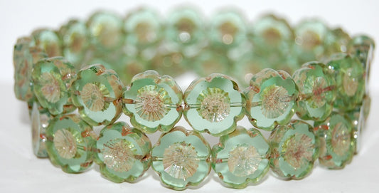 Table Cut Round Beads Hawaii Flowers, Transparent Green 43400 (50500 43400), Glass, Czech Republic