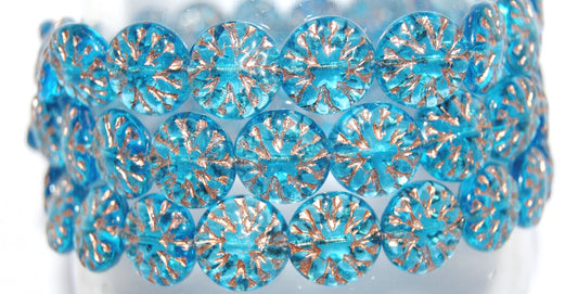Round Flower Edelweiss Pressed Glass Beads, Aqua 54200 (60030 54200), Glass, Czech Republic