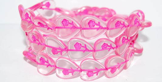 Heart Pressed Glass Beads With Flower, Transparent Pink 46470 (70110 46470), Glass, Czech Republic