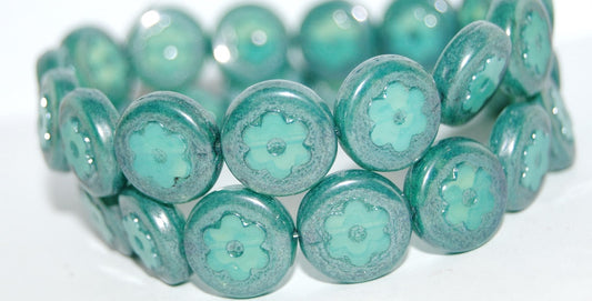 Table Cut Round Beads With Flower, Opal Aqua Luster Blue Full Coated (61100 14464), Glass, Czech Republic