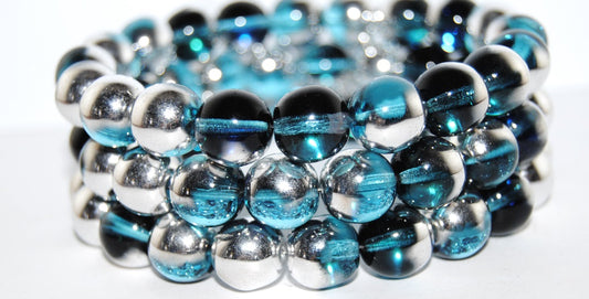 Round Pressed Glass Beads Druck, Transparent Aqua 29634 (60010 29634), Glass, Czech Republic