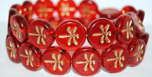 Round Flat Wit Dragonfly Pressed Glass Beads, Transparent Red 54202 (90060 54202), Glass, Czech Republic