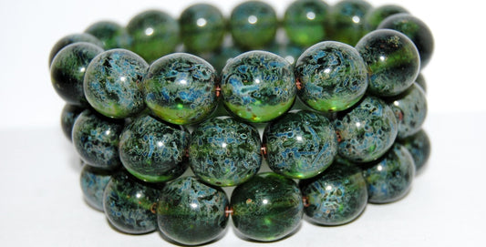 Round Pressed Glass Beads Druck, Transparent Green Travertin (50210 86800), Glass, Czech Republic