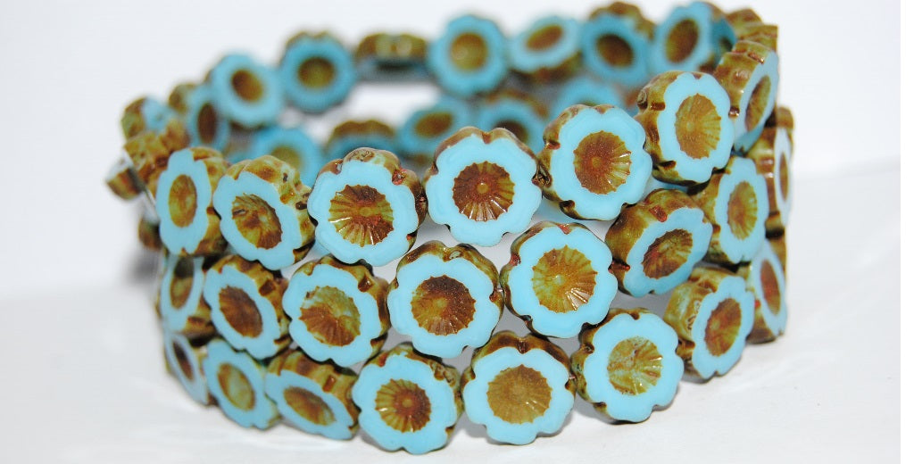 Table Cut Round Beads Hawaii Flowers, Turquoise Blue 86800B (63030 86800B), Glass, Czech Republic