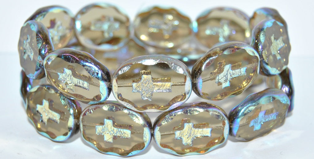 Table Cut Oval Beads With Cross, (40020 Ab 2Xside), Glass, Czech Republic