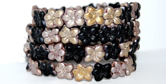 Flower Pressed Glass Beads, Black 27101Mat (23980 27101Mat), Glass, Czech Republic