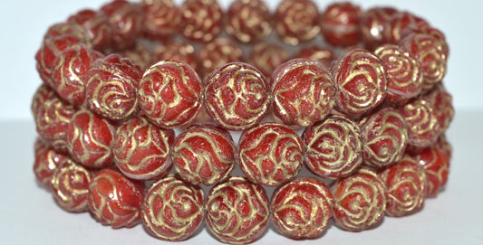 Round Rose Pressed Glass Beads, Coral 54202 (7913 54202), Glass, Czech Republic