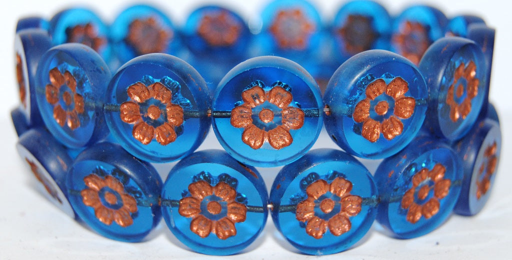 Table Cut Round Beads With Flower, Transparent Aqua 55307 (60050 55307), Glass, Czech Republic