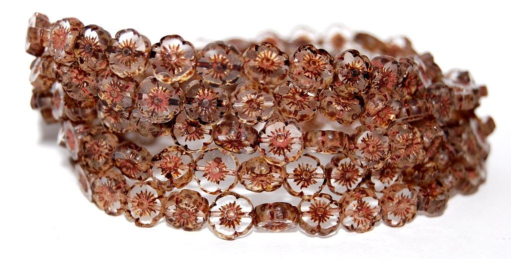 Table Cut Round Beads Hawaii Flowers, Crystal Travertin Matte (30 86800M), Glass, Czech Republic