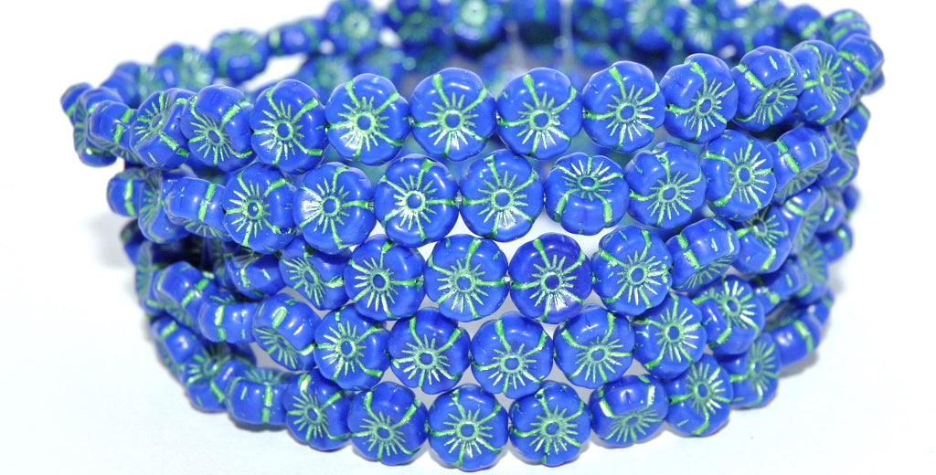 Hawaii Flower Pressed Glass Beads, Rich Blue 43813 Metalic (33060 43813 Metalic), Glass, Czech Republic