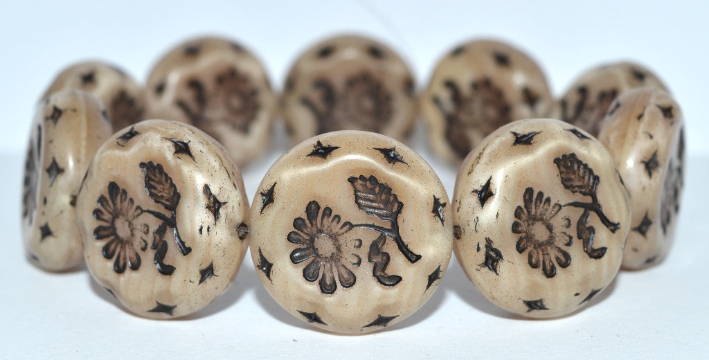 Round Flat With Flower Marguerite Pressed Glass Beads, (17006 23202), Glass, Czech Republic