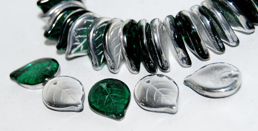 Leaf Pressed Glass Beads, Transparent Green Emerald Crystal Silver Half Coating (50710 27001), Glass, Czech Republic