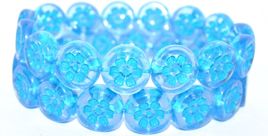 Round Flat With 6-Petal Flower Pressed Glass Beads, Transparent Blue 46460 (30020 46460), Glass, Czech Republic