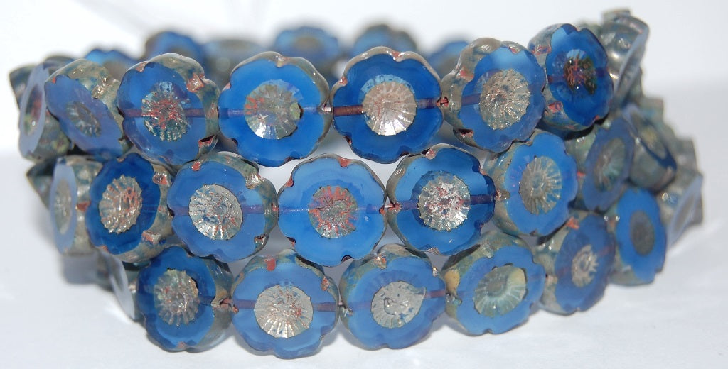 Table Cut Round Beads Hawaii Flowers, Opal Blue 43400 (31010 43400), Glass, Czech Republic