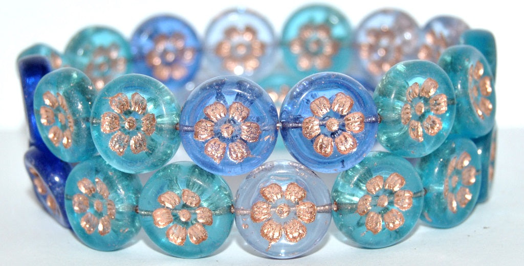 Round Flat With 6-Petal Flower Pressed Glass Beads, Blue Mixed Colors 54200 (Blue Mix 54200), Glass, Czech Republic