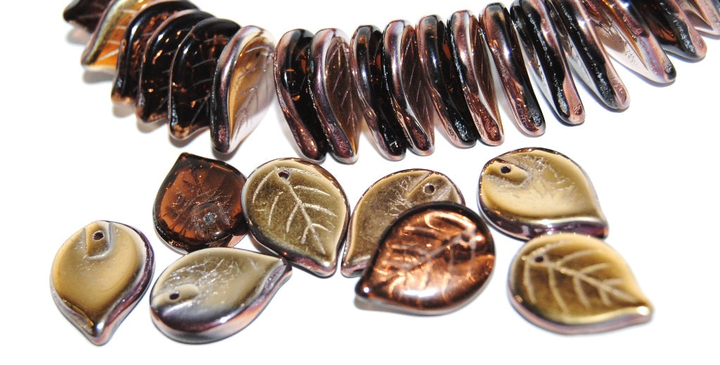 Leaf Pressed Glass Beads, Transparent Brown 27101 (10220 27101), Glass, Czech Republic