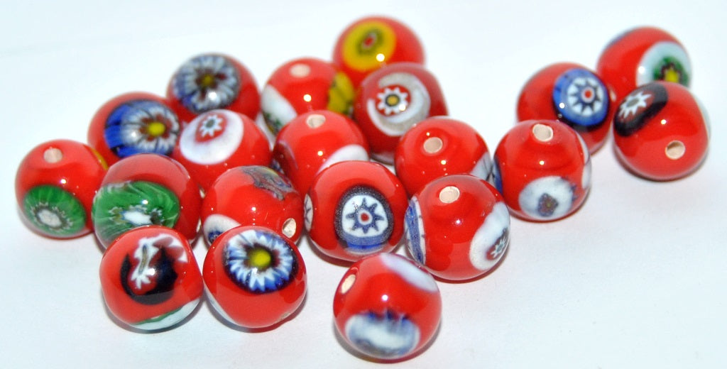 Czech Glass Hand Made Round Lampwork Beads With Flower, (C), Glass, Czech Republic