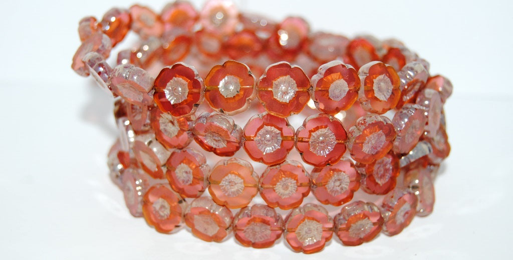 Table Cut Round Beads Hawaii Flowers, Opal Pink 43500 (71010 43500), Glass, Czech Republic