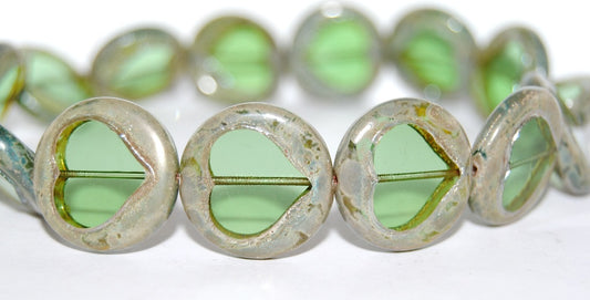 Table Cut Round Beads With Heart, Transparent Green 43400 (50500 43400), Glass, Czech Republic