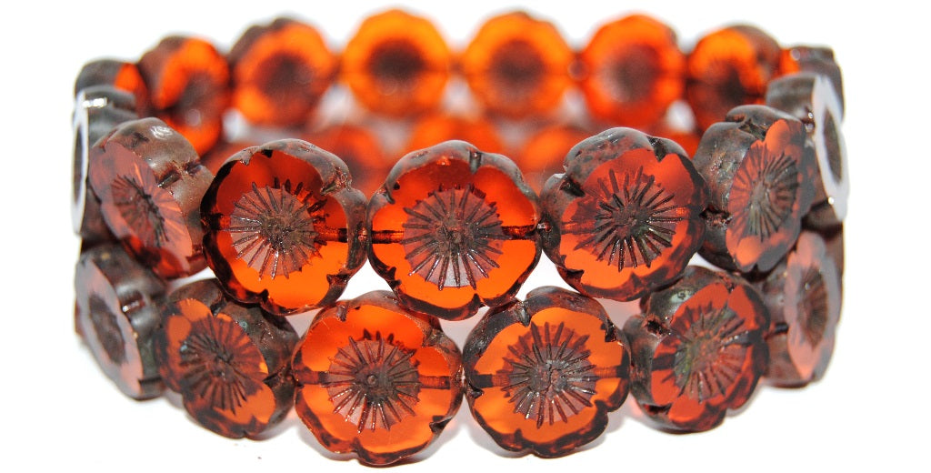 Table Cut Round Beads Hawaii Flowers, Transparent Orange Travertin (90020 86800), Glass, Czech Republic