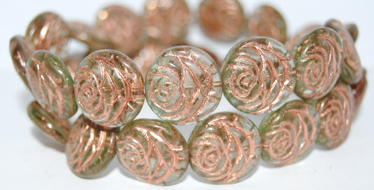 Round Flat Rose Flower Pressed Glass Beads, (87301 54200), Glass, Czech Republic