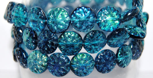 Round Flower Edelweiss Pressed Glass Beads, Crystal 48103 (30 48103), Glass, Czech Republic