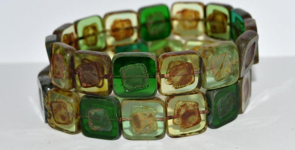 Table Cut Square Beads With Turned Square, Green Mixed Colors Travertin (Green Mix 86800), Glass, Czech Republic