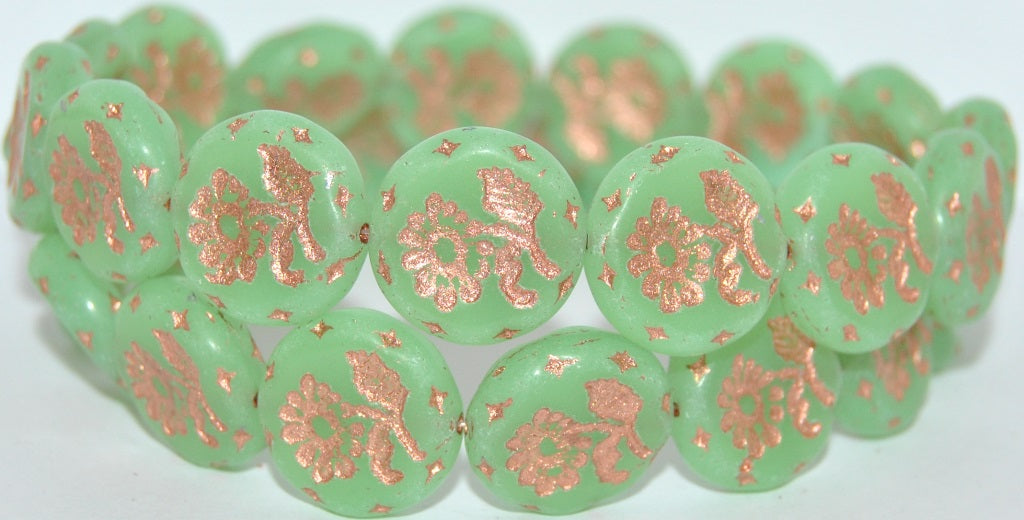 Round Flat With Flower Marguerite Pressed Glass Beads, (52010 54200 Uranium), Glass, Czech Republic