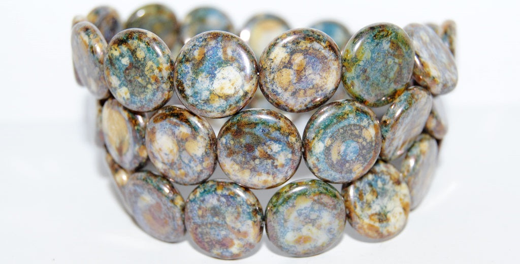 Flat Round Coin Pressed Glass Beads, Chalk White Senegal Blue (3000 15664), Glass, Czech Republic