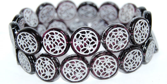 Round With Flower Pressed Glass Beads, Transparent Amethyst 46401 (20080 46401), Glass, Czech Republic