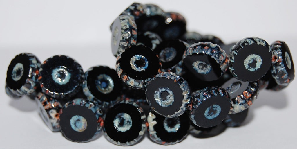 Table Cut Round Flower Beads Daisy, Black 43400 (23980 43400), Glass, Czech Republic