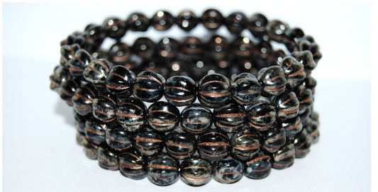 Melon Round Pressed Glass Beads With Stripes, Black 43 54200 (23980 43 54200), Glass, Czech Republic