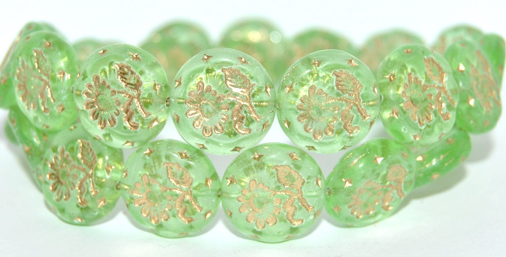 Round Flat With Flower Marguerite Pressed Glass Beads, Transparent Green 54202 Uranium (50800 54202 Uranium), Glass, Czech Republic