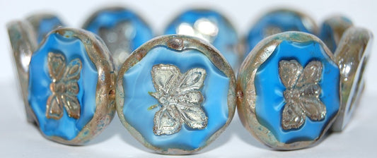 Table Cut Round Beads With Butterfly, Turquise 43400 (64020 43400), Glass, Czech Republic