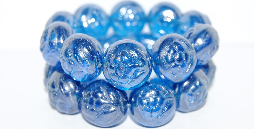 Round With Flower Pressed Glass Beads, Transparent Aqua Hematite (60050 14400), Glass, Czech Republic