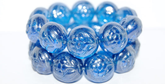 Round With Flower Pressed Glass Beads, Transparent Aqua Hematite (60050 14400), Glass, Czech Republic