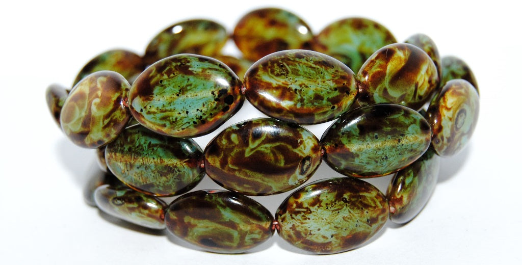 Oval Pressed Glass Beads, Opal Aqua Travertin (61300 86800), Glass, Czech Republic