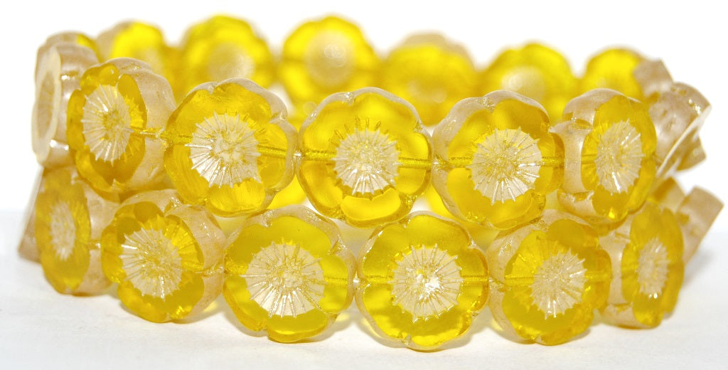 Table Cut Round Beads Hawaii Flowers, Transparent Yellow Luster Cream (80010 14401), Glass, Czech Republic