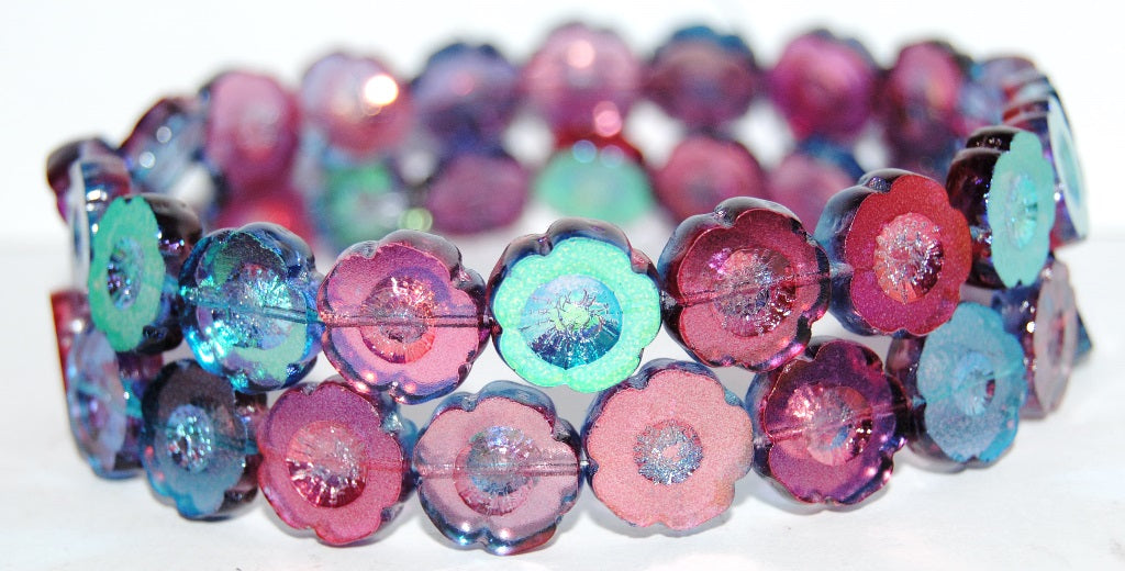 Table Cut Round Beads Hawaii Flowers, 48113 (48113), Glass, Czech Republic