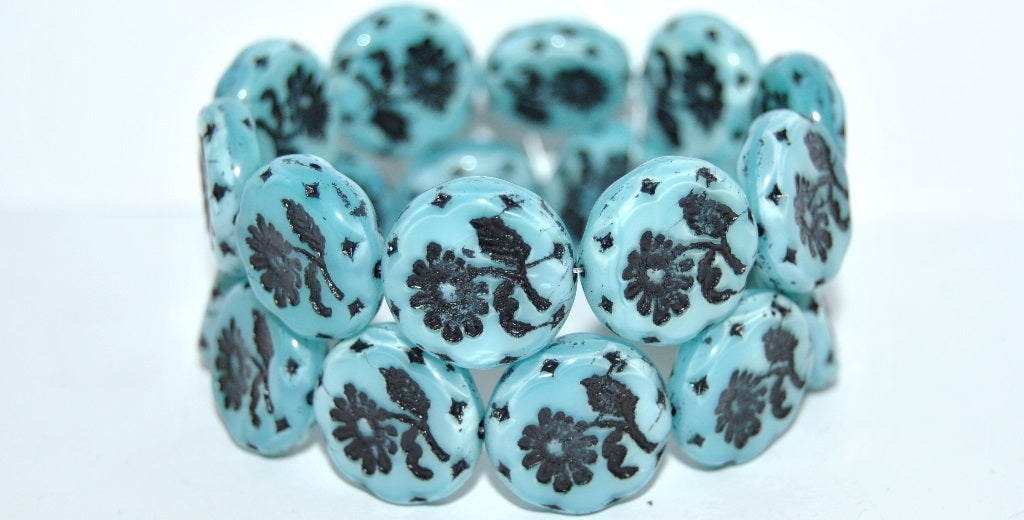 Round Flat With Flower Marguerite Pressed Glass Beads, Opal Aqua 46769 (61300 46769), Glass, Czech Republic
