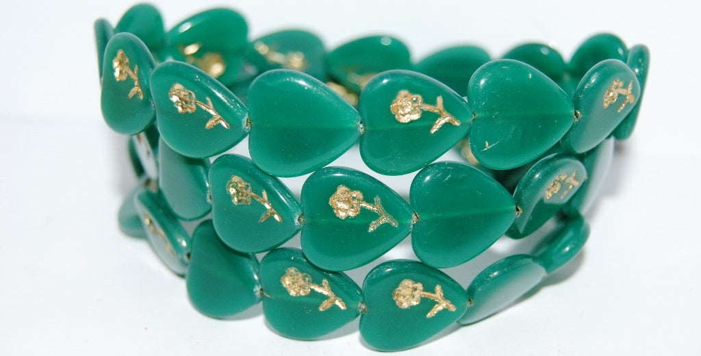 Heart Pressed Glass Beads With Flower, (52040 54202), Glass, Czech Republic