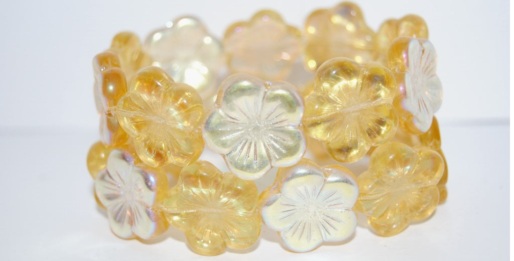 Round Flower Hibiskus Pressed Glass Beads, (10020 Ab), Glass, Czech Republic