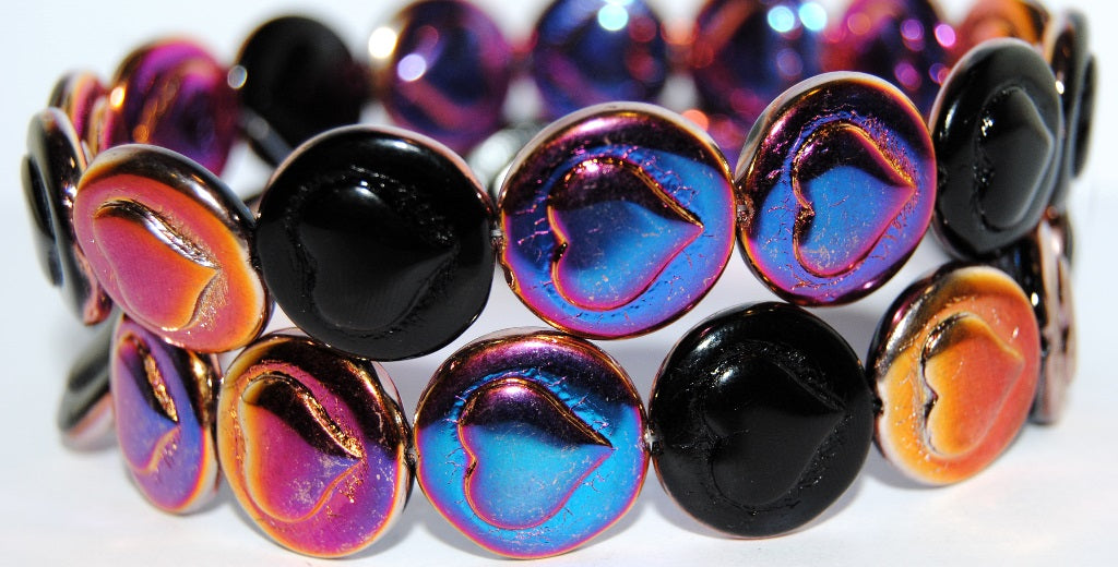 Round Flat Wit Convex Heart Pressed Glass Beads, Black 29500 (23980 29500), Glass, Czech Republic