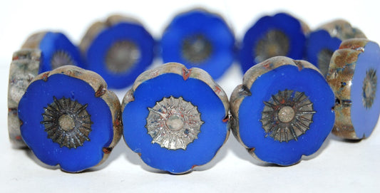 Table Cut Round Beads Hawaii Flowers, Rich Blue 43400 (33060 43400), Glass, Czech Republic