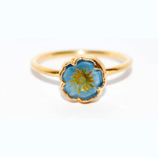 Adjustable Ring with Polished Czech Glass Bead, Hawaiian Flower 8 mm (G-13-A)