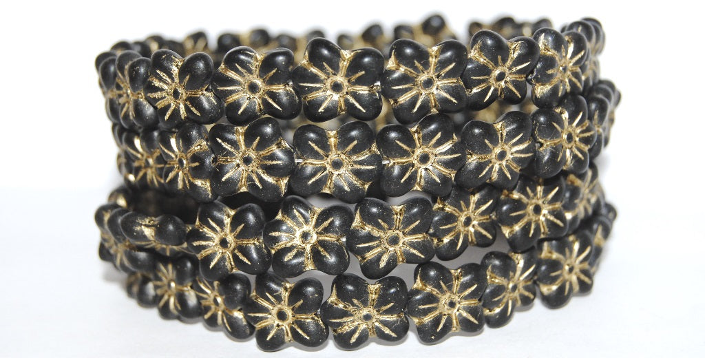 Flower Pressed Glass Beads, Black 54202Mat (23980 54202Mat), Glass, Czech Republic