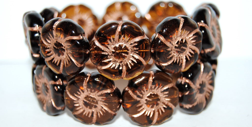 6-Petal Flower Pressed Glass Beads, Transparent Brown 54200 (10210 54200), Glass, Czech Republic