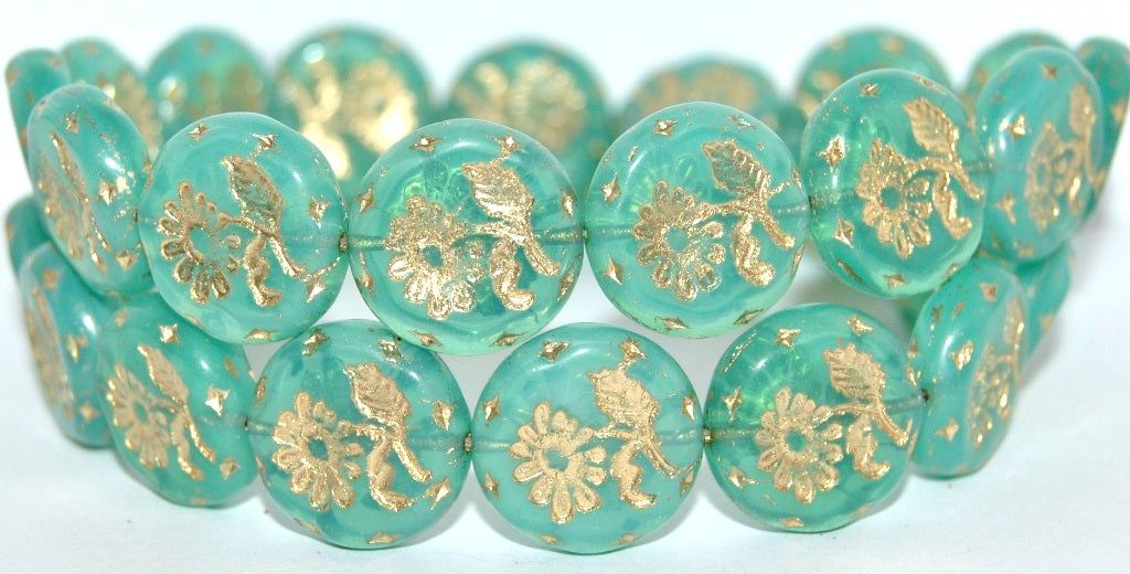 Round Flat With Flower Marguerite Pressed Glass Beads, Opal Aqua 54202 Uranium (61100 54202 Uranium), Glass, Czech Republic